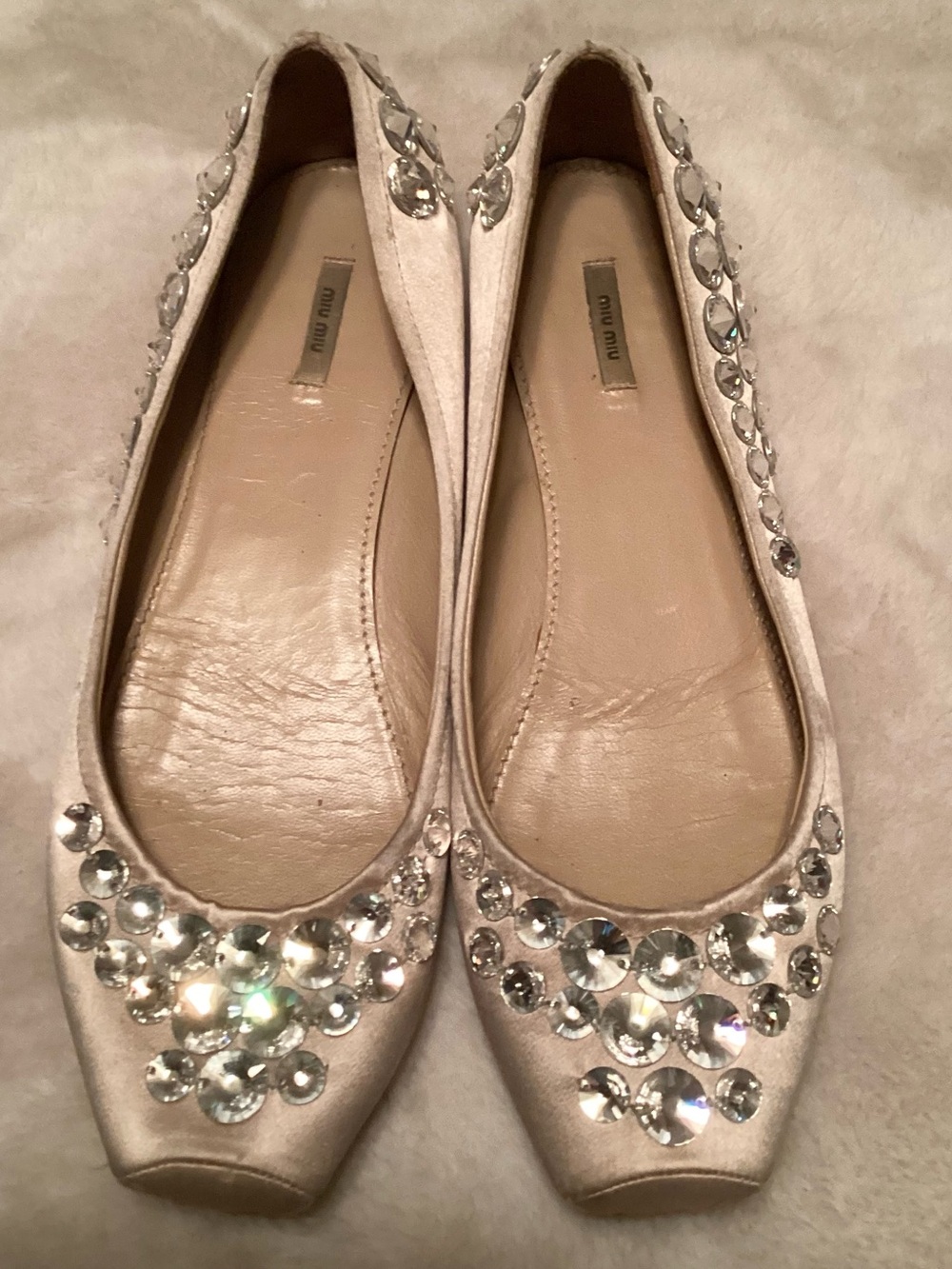 Miu Miu Nude Satin Crystal-Embellished Ballet Flats - size EU37.5
